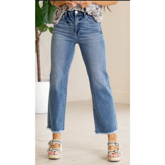 RISEN SKYFALL HIGH RISE CROPPED FRAYED HEM STRAIGHT JEANS 11/30 - Picture 1 of 4